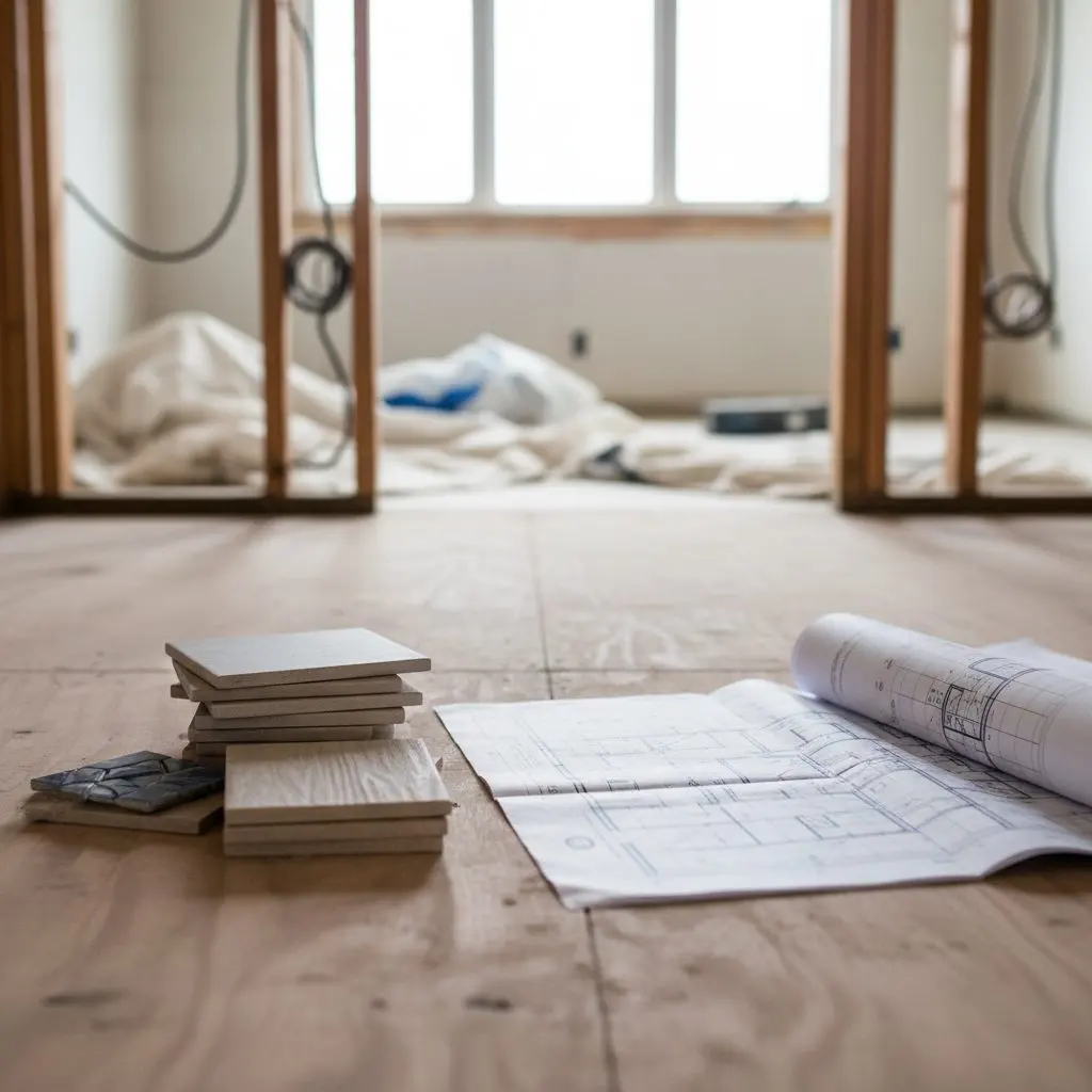 A stack of tile samples and a folded set of drawings on a plywood subfloor, mid-remodel.