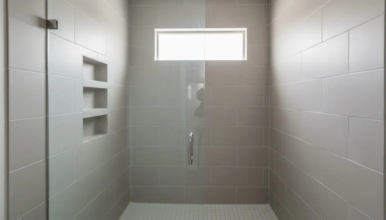 A finished tiled shower with a frameless glass door and a built-in niche, morning light through a small window, nobody in the shot.