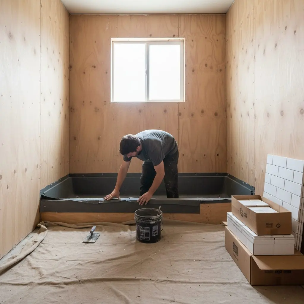 A remodeler applying waterproof membrane to a shower curb in a stripped bathroom, boxed tile stacked and ready nearby.
