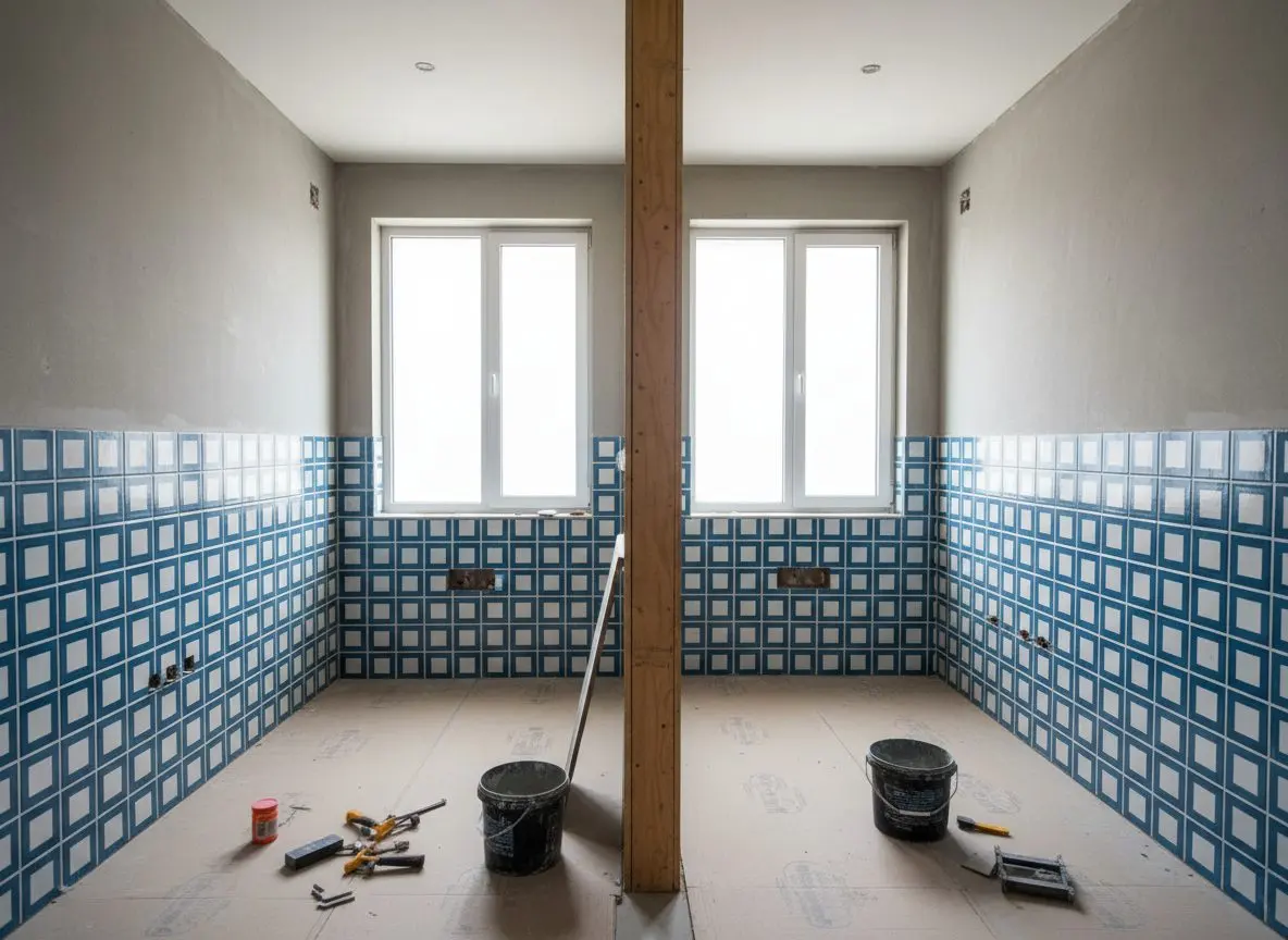 Two identical apartment bathrooms side by side, both mid-tile, the same pattern going in on each.