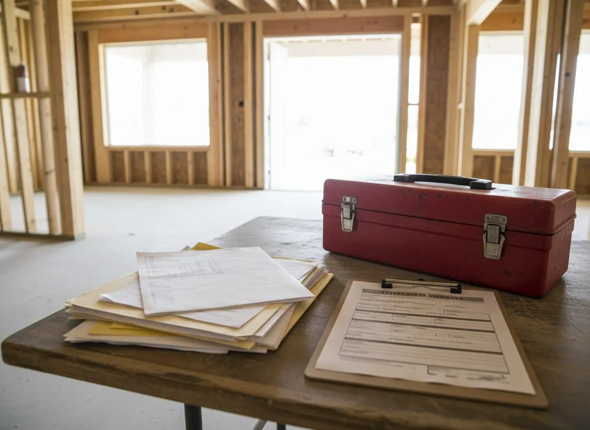 A folder of paperwork and a certificate of insurance on a clipboard beside a toolbox at a job site entrance.