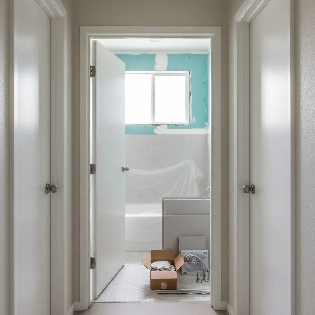 A hallway of apartment doors with one bathroom mid-renovation behind an open door, tile and fixtures staged in the hallway.