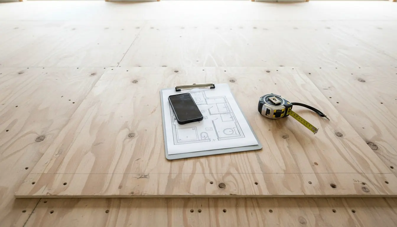 A phone resting on a clipboard with a bathroom floor plan sketched on it, tape measure beside them on a plywood subfloor.