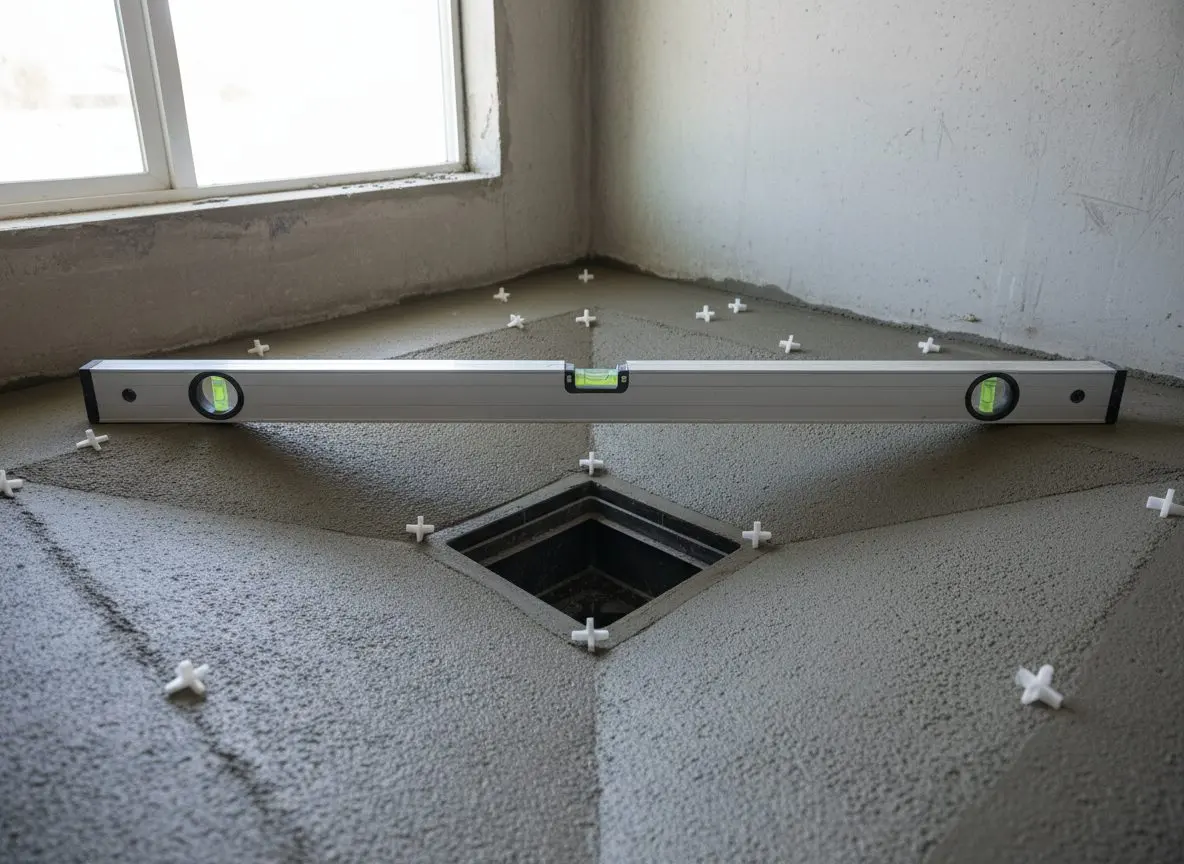 A shower drain body set into a sloped mortar bed, tile spacers and a level resting across the pan.