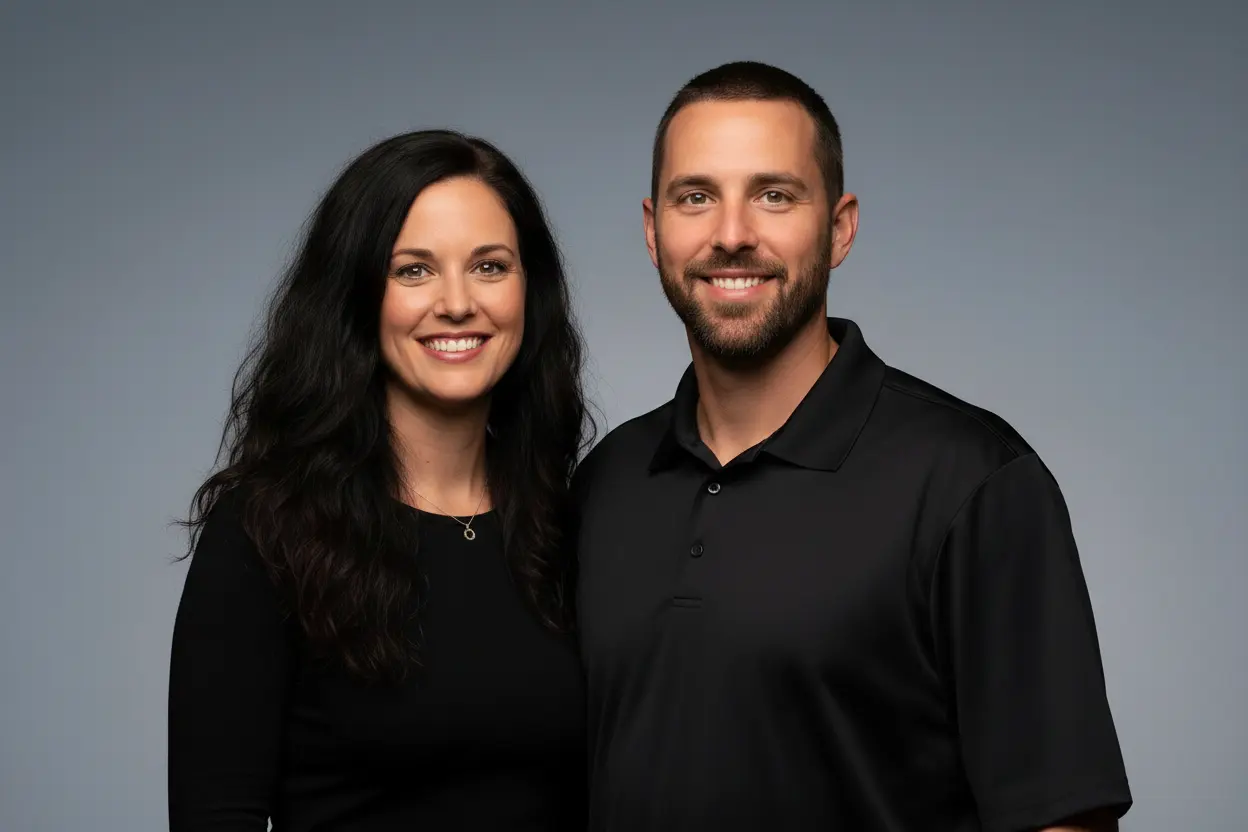 Marco and Gabriela Alvarez standing side by side in black work shirts against a plain gray backdrop, both smiling at the camera