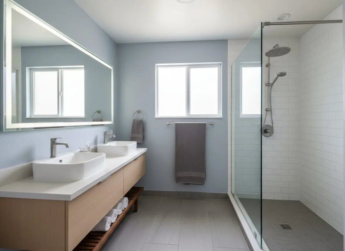 A finished primary bathroom, walk-in shower with a glass panel, floating vanity, towels hung and folded, nothing mid-installation.
