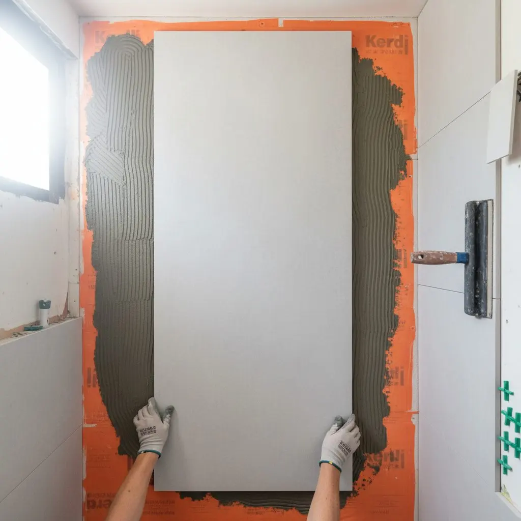 A close shot of a shower mid-tile, hands setting a large format tile against a Kerdi waterproofing membrane