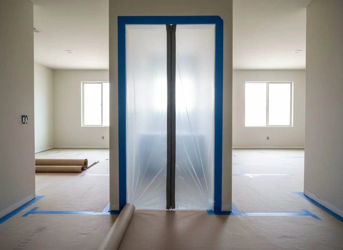 Plastic sheeting taped across a bathroom doorway with a zip entrance, hallway floor covered in protective paper.