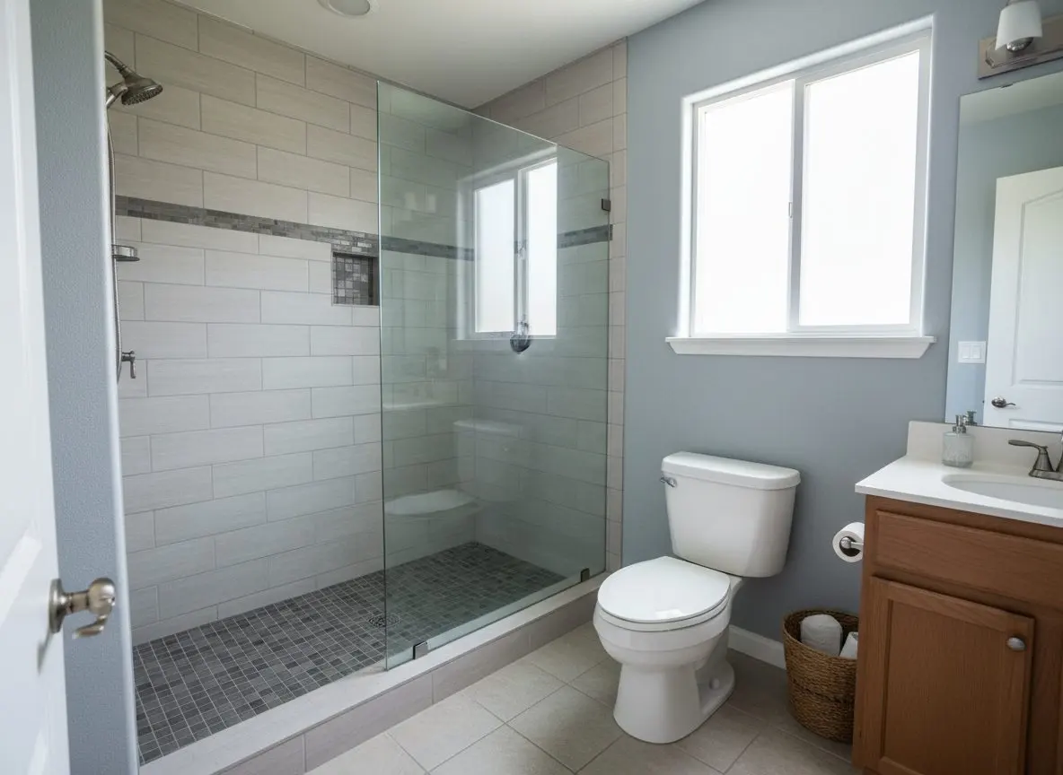 A finished bathroom with a curbless tiled shower and a comfort-height toilet, furnished and lit like an ordinary bathroom, no tools or fixtures in progress.