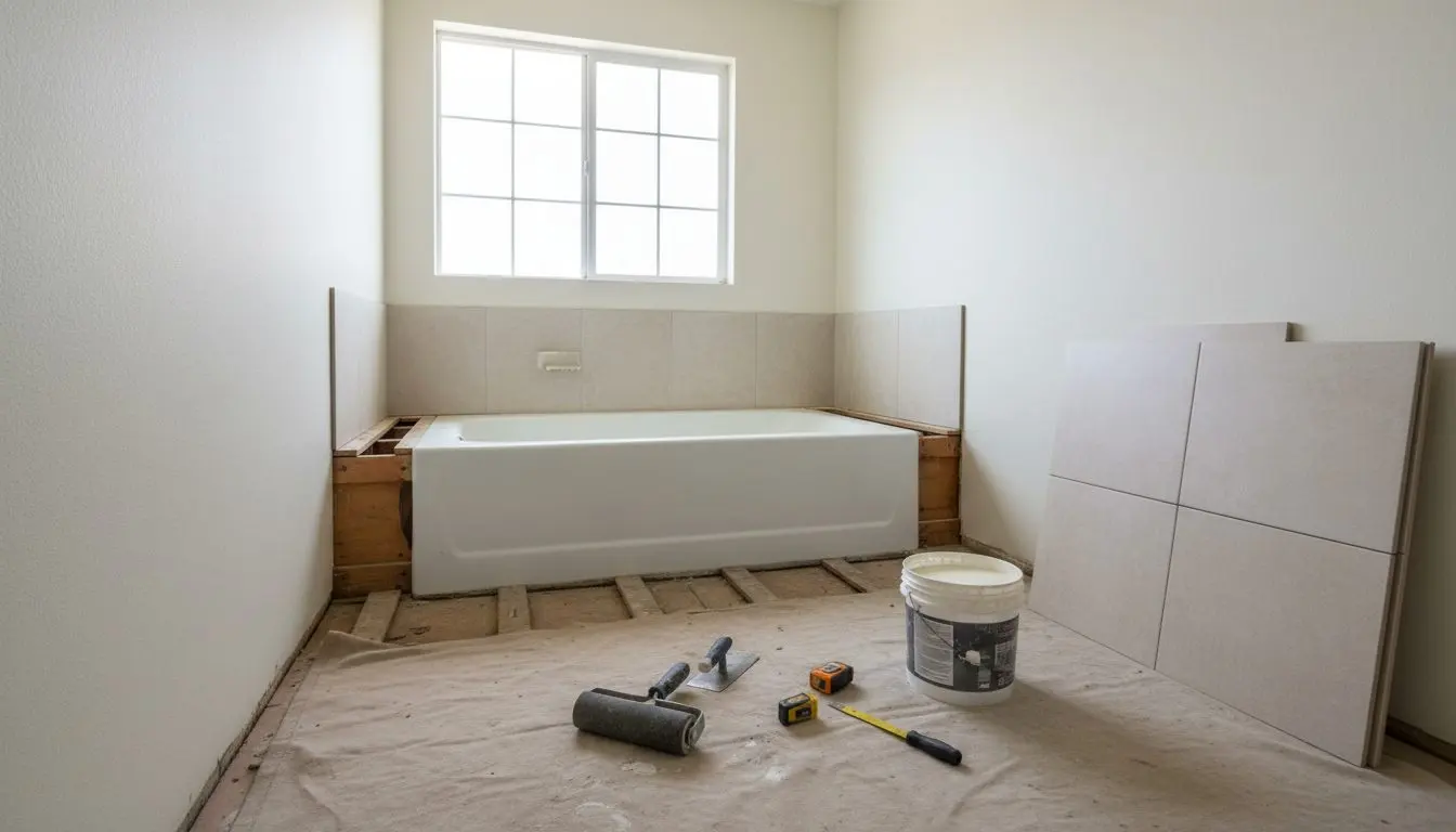 A gutted 1980s tract-home bathroom mid-remodel, subfloor exposed around the old tub, tile stacked against the wall