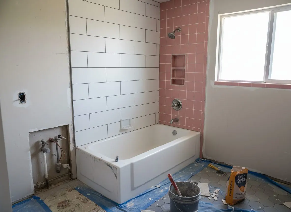 A bathroom mid remodel, half retiled and half still the original 1980s fixtures, showing the contrast between old and new.