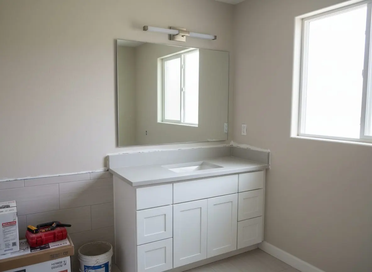 A finished vanity with a new mirror and light fixture above it, tile still uncaulked along the baseboard.