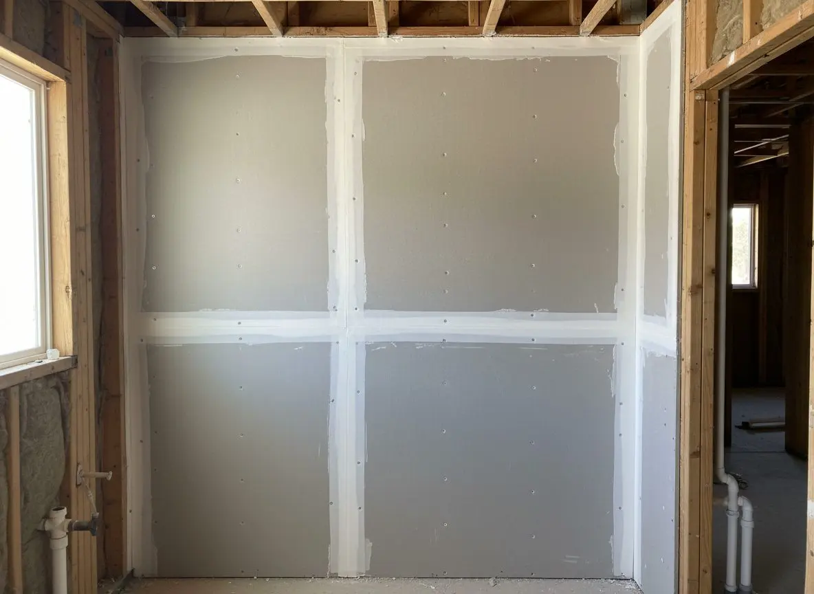 Cement backer board screwed to the studs of a gutted bathroom wall, seams taped and ready for tile.