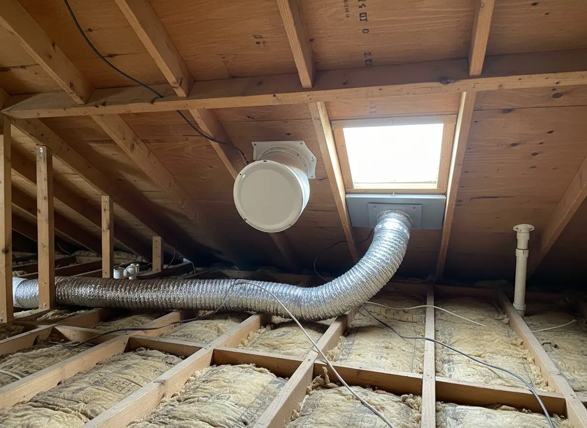 A bathroom exhaust fan and duct run through the attic toward an exterior roof vent.