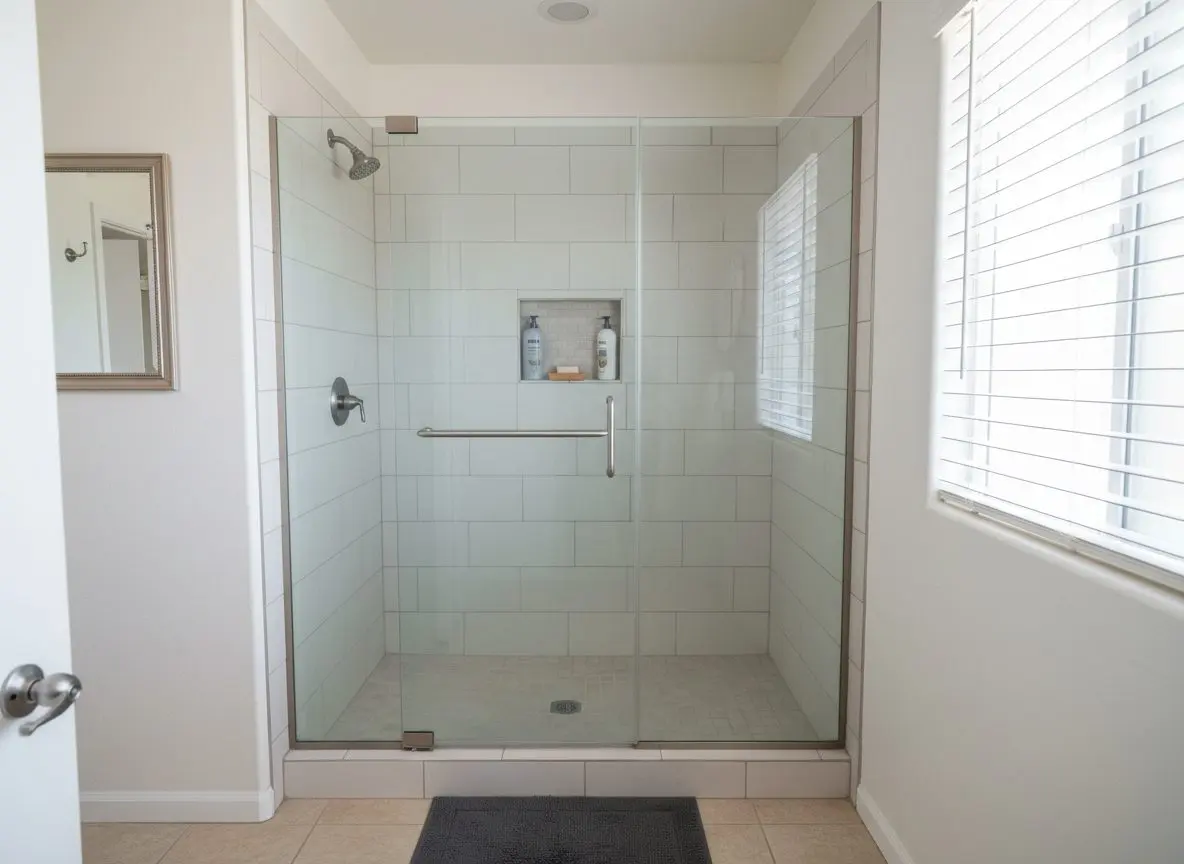A finished tiled shower with a glass enclosure, clean grout lines and a niche shelf, staged and dry.