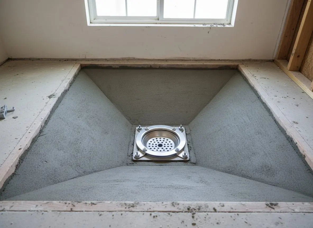 A shower drain and clamping ring set into a sloped mortar bed before the tile goes down.