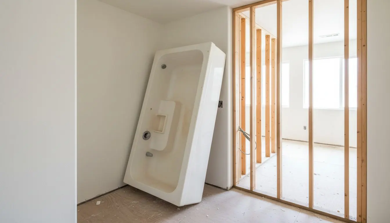 An original 1980s fiberglass tub-shower unit pulled out of a Mission Viejo bathroom and leaned against the hallway wall