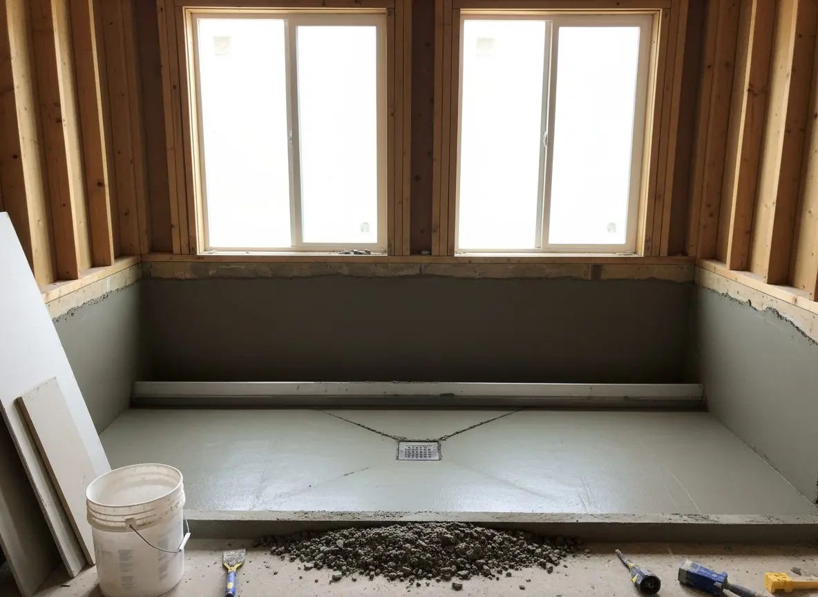 A sloped mortar bed being screeded toward a shower drain before the membrane goes over it.