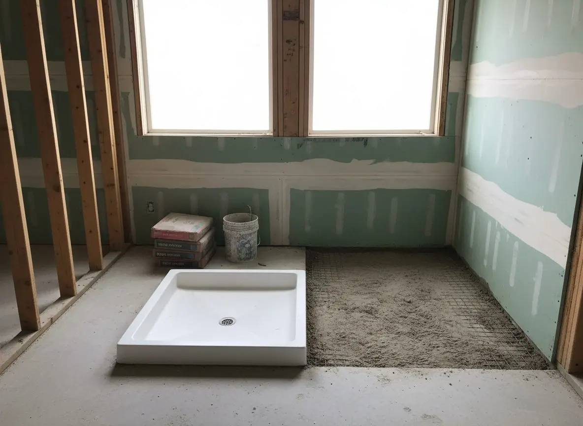 A pre-formed shower pan set beside a partly built mortar bed, showing the two methods side by side before either is tiled over.