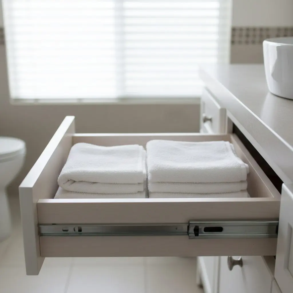 A close view of a bathroom vanity drawer pulled fully open, showing soft-close slides and folded towels inside, cabinet edge and hardware in sharp focus.