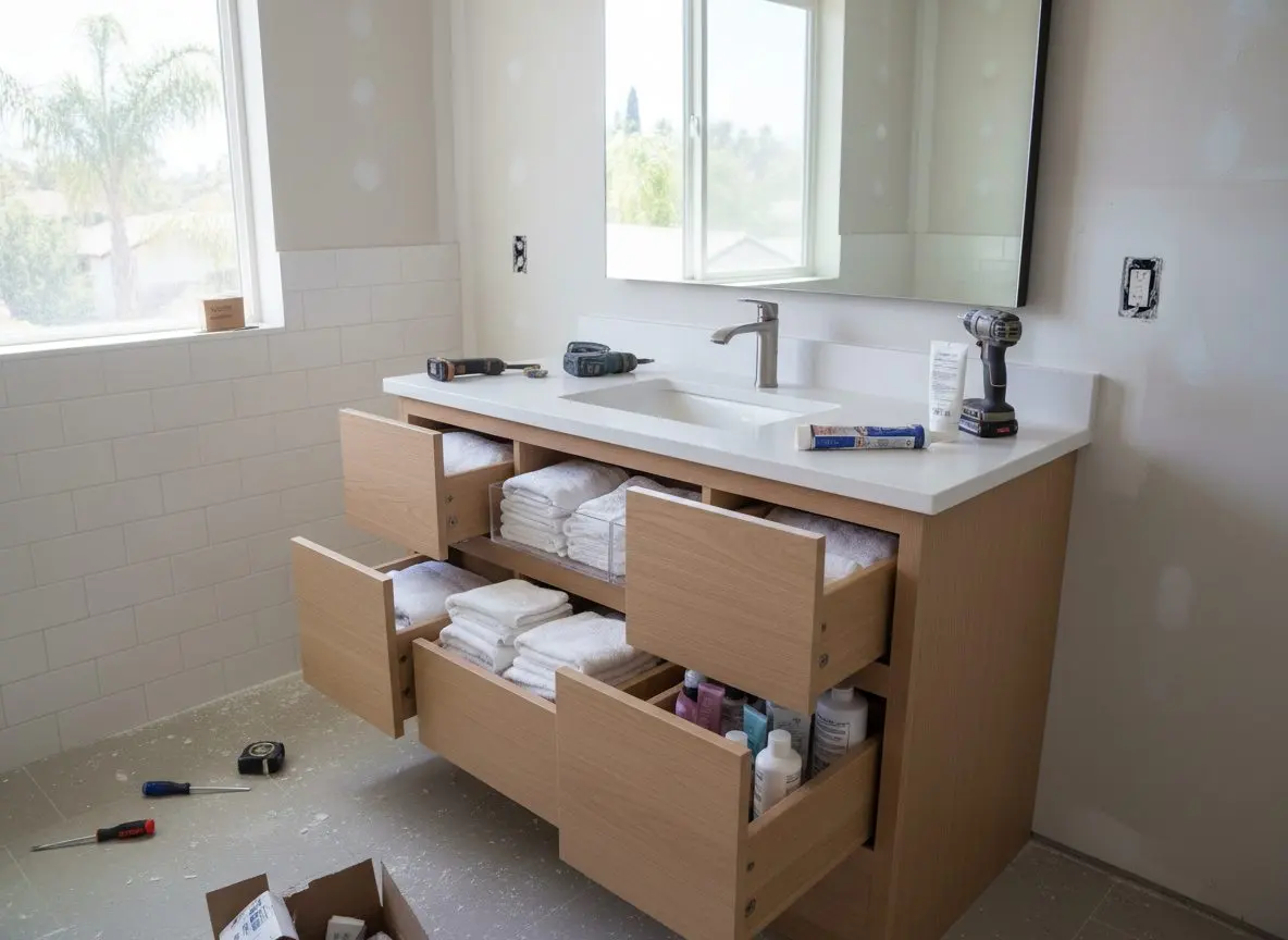 A finished vanity cabinet with drawers open, folded towels and toiletries organized inside, countertop and faucet installed above.