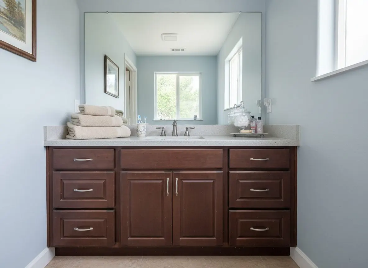 A finished bathroom vanity in daily use, folded towels on the counter, personal items in place