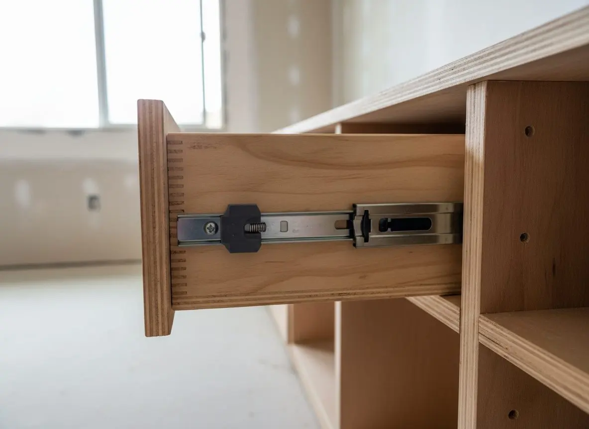 A cabinet drawer slide and soft-close mechanism in close-up, drawer pulled halfway, hardware and screw fixings visible against the plywood box.